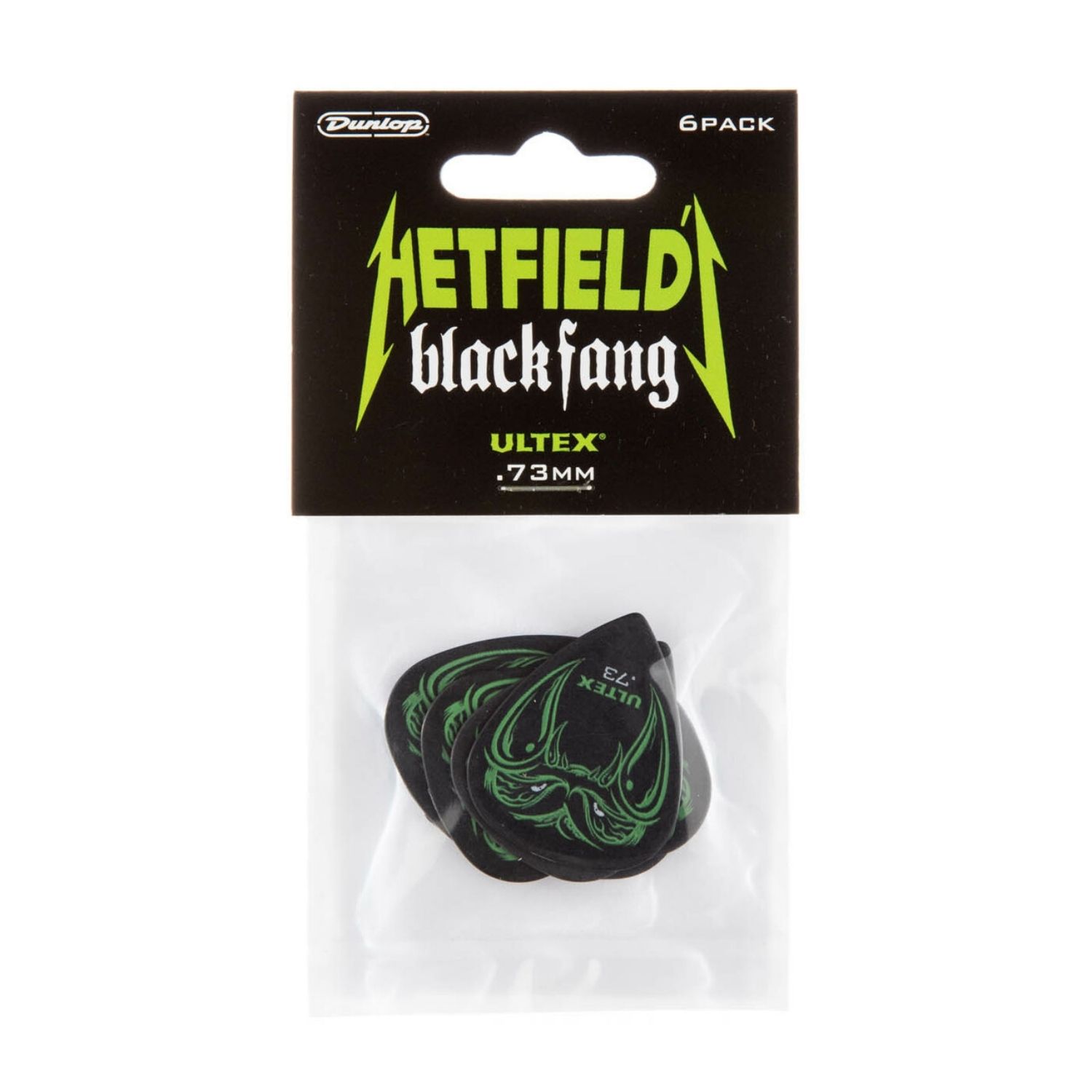 Pack de 6 uñetas Dunlop Black Fang Hetfield color negro de 73mm.