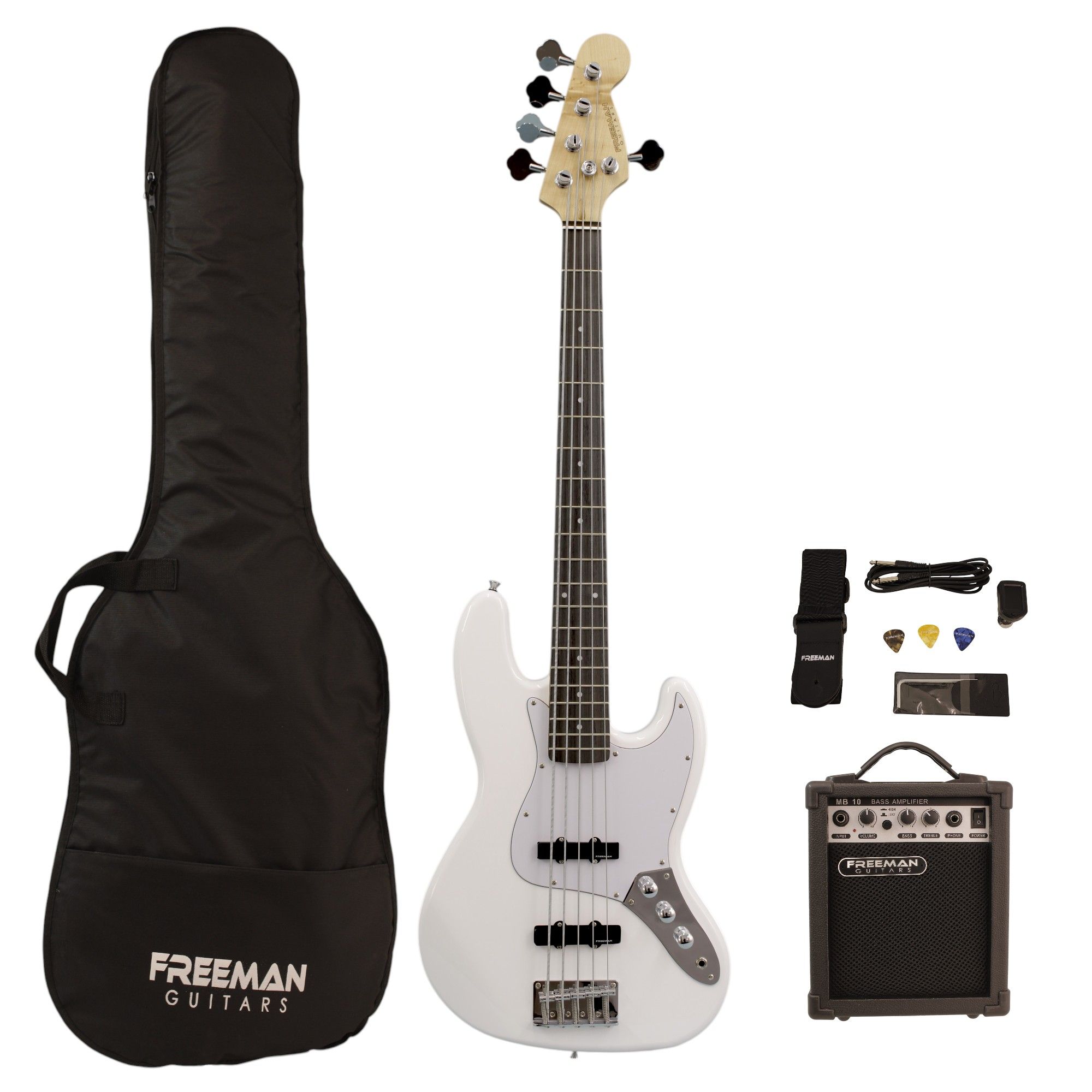 Pack de bajo eléctrico 5 cuerdas Freeman Rockstarter - White